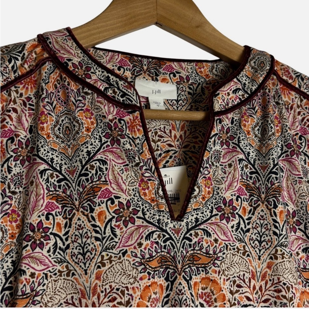 NEW J.Jill Peasant Tunic Top Blouse Long Sleeve XS Floral Boho Velvet Trim - Picture 3 of 7